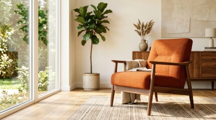 Fototapeta premium Mid-century modern living room with orange armchair, wood furniture, and natural light from a large window
