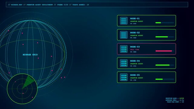 Digital displays showcasing deception technology with glowing holographic globe models and moving progress bars in a dark blue environment for advanced cybersecurity data analysis monitor systems