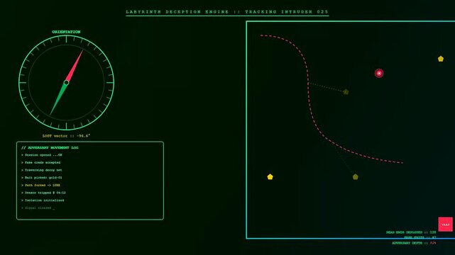 Digital deception technology displays show tracking metrics and radar orientation circles on a dark green screen representing a complex network monitoring system in a command room