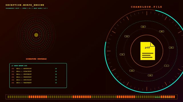 Digital deception technology displays changing file extensions within a circular interface showing rotating concentric rings and shifting data logs in dark amber computer screen lighting