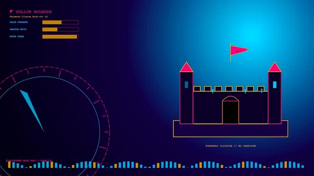 A digital deception technology display featuring a glowing castle icon with moving radar sweep and shifting data bars indicating a simulated network security threat scenario
