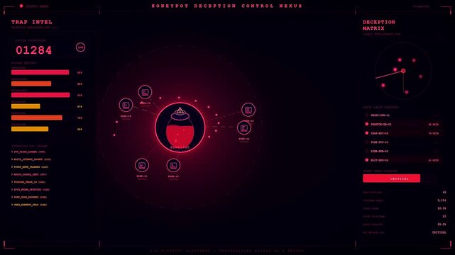 Deception technology interface displays animated glowing circles with circular radar charts and red digital lines on a dark screen representing network monitoring and alert systems