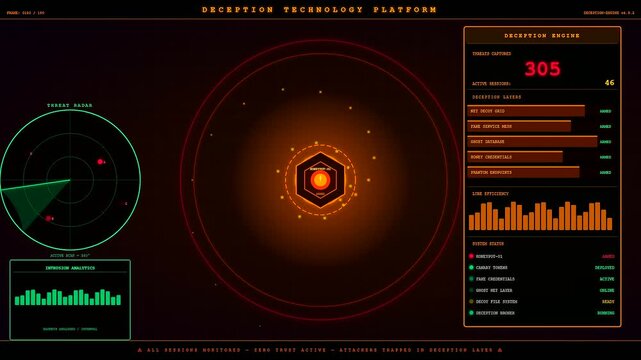the deception technology interface visualizes threat detection cycles with digital radar patterns and glowing orange data nodes displayed on a dark virtual surveillance monitoring dashboard screen