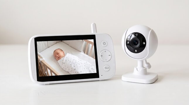 Baby monitor showing sleeping newborn infant in crib. Electronic device for nursery security and child surveillance. Innovative technology for parenting, home safety and remote monitoring