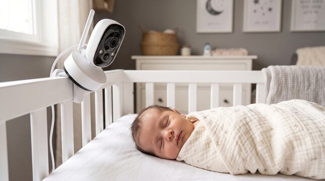 Newborn baby sleeping in crib monitored by digital baby camera. Swaddled infant resting peacefully in nursery. Modern parenting technology for child safety and home security monitoring