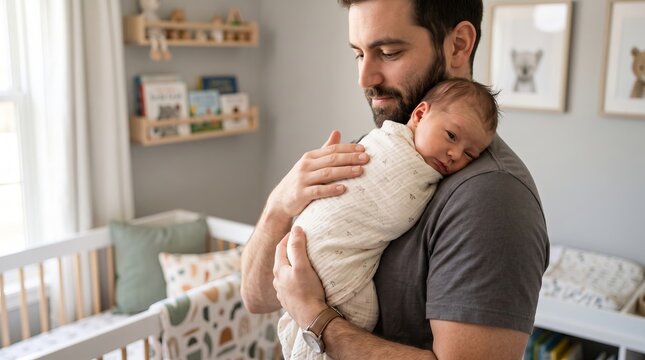Father burping newborn baby in nursery room. Man holding wrapped infant on shoulder at home. Caring dad comforting small child after feeding. Parenting, fatherhood and family love concept
