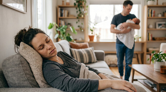 Exhausted woman sleeping on sofa while father holds newborn baby. Parents sharing responsibilities at home. Tired mother resting after birth. New family routine, parenthood lifestyle