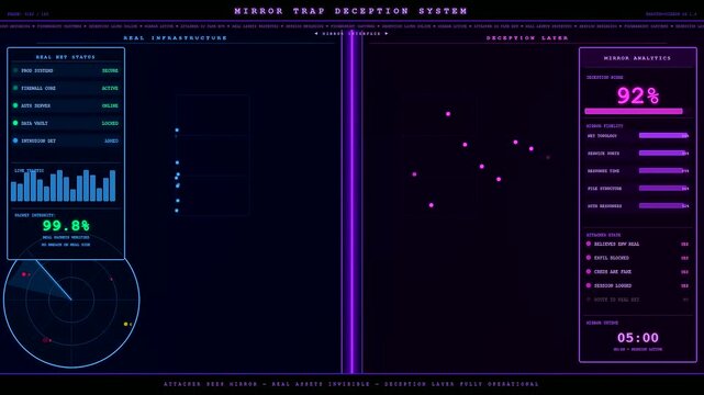 Deception technology interface displaying live data monitoring and system threat metrics across three synchronized visual panels showing analytical status updates for a complex digital network
