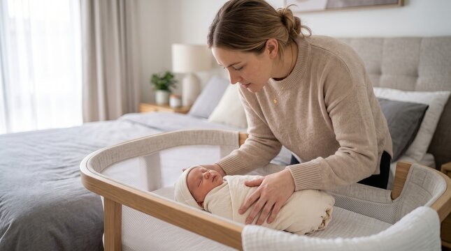 Mother gently placing sleeping newborn in bassinet. Caring woman tucking in baby during daytime in cozy bedroom. Domestic lifestyle, childhood, parenthood and maternity care concept