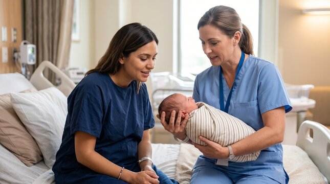 Mother looking at newborn baby held by nurse in hospital room. Woman patient and medical professional bonding after childbirth. Healthcare, maternity and postnatal care concept