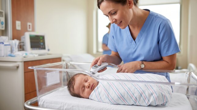 Nurse checking newborn baby temperature with digital thermometer in hospital clinic. Professional medical care for infant. Healthcare concept for maternity ward and pediatric health