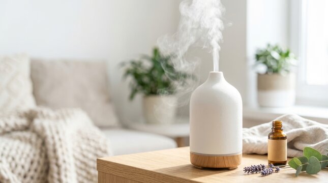 Aroma diffuser emitting steam in a minimalist living room with essential oil bottle and lavender for aromatherapy and relaxation