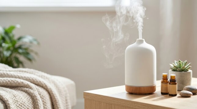 Aroma diffuser emitting steam in a minimalist living room with essential oil bottle and lavender for aromatherapy and relaxation