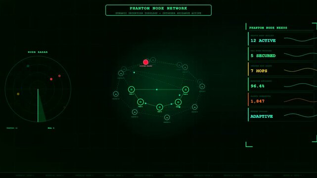 Deception technology interface displays animated grid elements and pulsing nodes on a dark emerald digital surface during a dynamic monitoring sequence for secure network defense operations