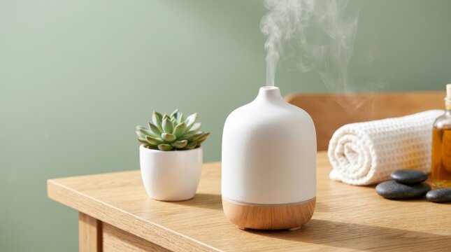 Aroma diffuser emitting steam in a minimalist living room with essential oil bottle and lavender for aromatherapy and relaxation