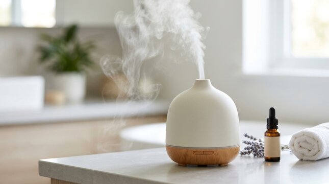 Aroma diffuser emitting steam in a minimalist living room with essential oil bottle and lavender for aromatherapy and relaxation