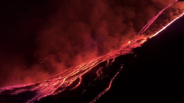 Glowing lava streams flow down the dark slope of Mount Etna during a powerful night eruption in Sicily Italy while dense volcanic smoke rises above bright molten rock in a dramatic scene