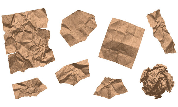 Set of various crumpled brown paper pieces and textures isolated on transparent background