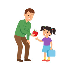 Fototapeta premium A Father Giving a Red Apple to His Young Daughter Carrying a School Lunchbox Illustration