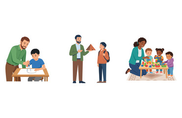 Obraz premium Set of Illustrations Showing Teachers and Mentors Guiding Diverse Children in Educational Activities