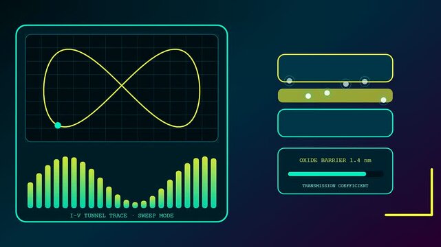 Digital displays showing electron tunneling patterns with light blue graphs and bars in a continuous cycle motion of data analysis during a scientific research sequence