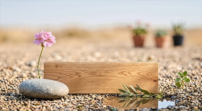 Blank natural oak wood plaque display on pebble ground with pink flower and water reflection. Empty wooden sign board mockup for product presentation with copy space on gravel backdrop