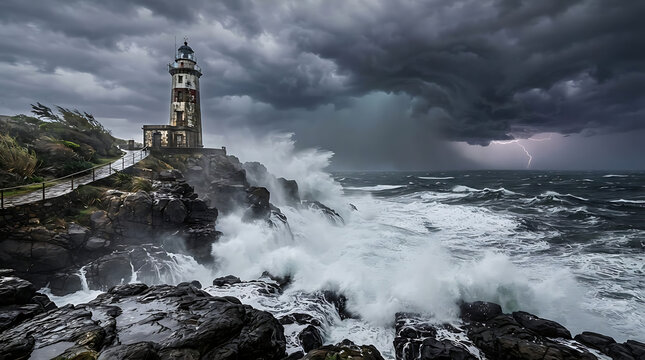 Lighthouse on rocky coast during dramatic storm with lightning and violent waves