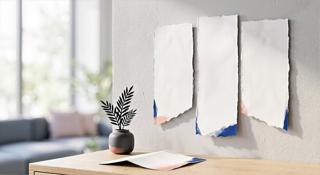 Three blank torn edge white paper banners on a textured plaster wall above a wooden desk with a potted plant. Modern interior mockup template with paint accents and copy space for design showcase