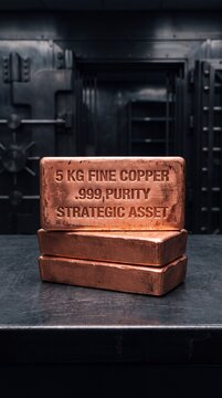 Stacked 5kg Fine Copper Bullion Bars Labeled Strategic Asset Inside A Vault
