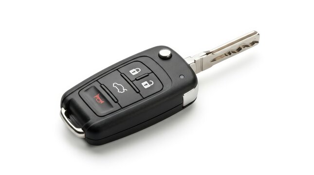 Modern black car key with remote control buttons, automotive flip key fob on white background, vehicle security and ignition access