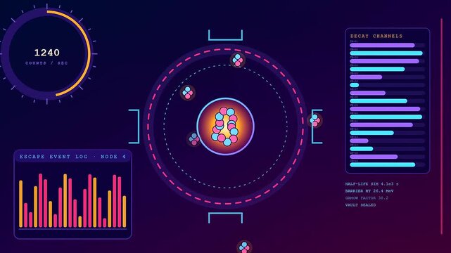 a colorful electron tunneling animation showing oscillating subatomic particles inside circular holographic interface panels with streaming data streams and pulsing light nodes within a dark space