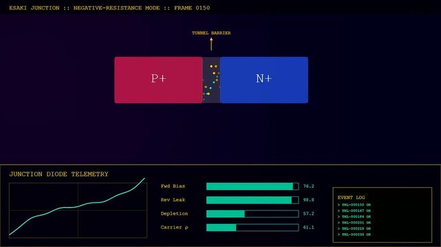 Electron tunneling in a simulated quantum diode panel showing particle movement and diagnostic data streams as displayed on a digital interface during scientific research experiments