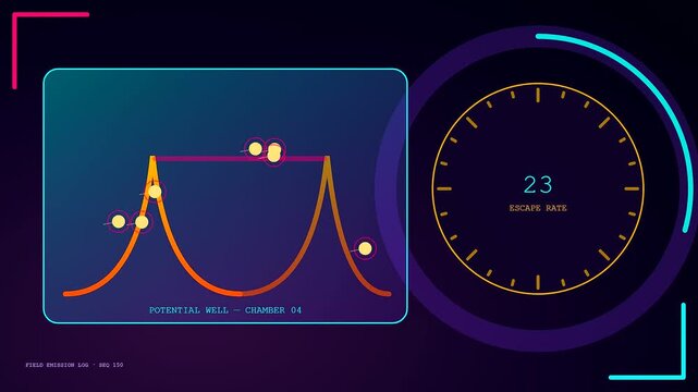 Electron tunneling simulation displaying particles moving across multiple energy barriers in a dark monitor interface featuring glowing line charts and numerical data points in vibrant shades
