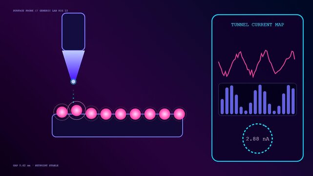 Close up visualization of electron tunneling moving across atomic structures inside a digital interface panel showing light waves and numerical data measuring precise current flow metrics