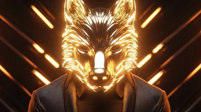 Mysterious figure with metallic wolf mask and neon lights
