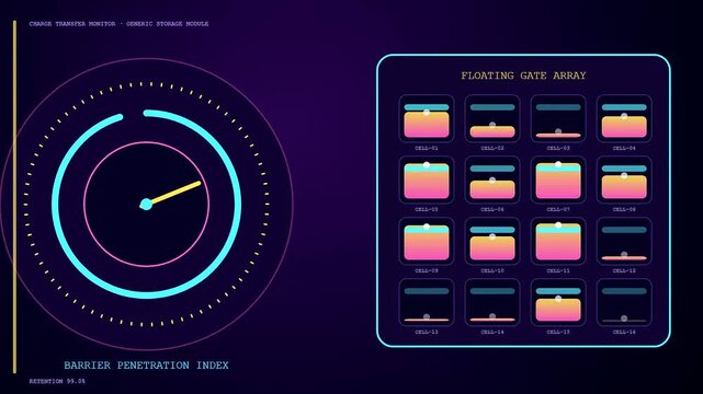 A digital representation of electron tunneling shows shifting data levels within modular memory arrays as circular gauges oscillate across this dark purple animated software user interface