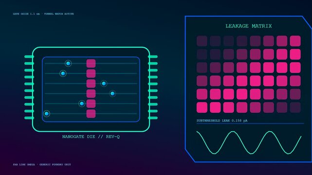 An electron tunneling matrix showing microchip data progression across digital panels with neon glow lines pulsing in dark blue settings for advanced hardware system analysis