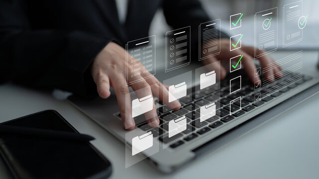 A man engages with a laptop in a modern office setting, utilizing a digital document management system featuring checklists and folders for efficient productivity and organization. Cyphers