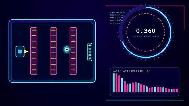 An electron tunneling visualization shows particle wave functions moving through vertical walls within a dark digital interface featuring glowing cyan and magenta circular gauge data monitors