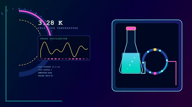 Electron tunneling analysis visualized through shifting interface charts and chemical beaker liquid levels displayed on a dark glowing monitor panel for advanced data simulation research purposes