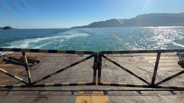 Ferry Boat Deck with Ropes and Metal Structure Over the Sea, Ilhabela, Brazil