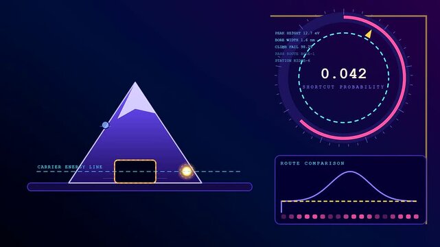 A sequence showing electron tunneling probability values calculated near a glowing purple pyramid mountain structure with digital ring gauges displayed on a dark blue screen interface