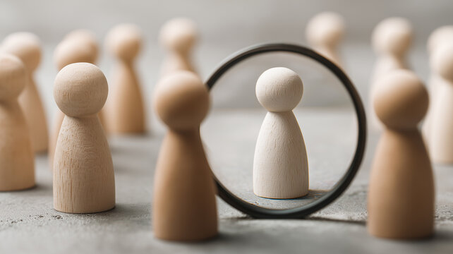 A magnifying glass focusing on one wooden person among a group representing recruitment candidate selection and professional talent search
