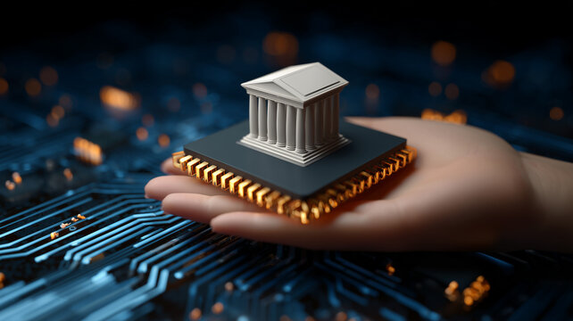 A bank building on a microchip held in a hand representing digital banking financial technology and secure financial services
