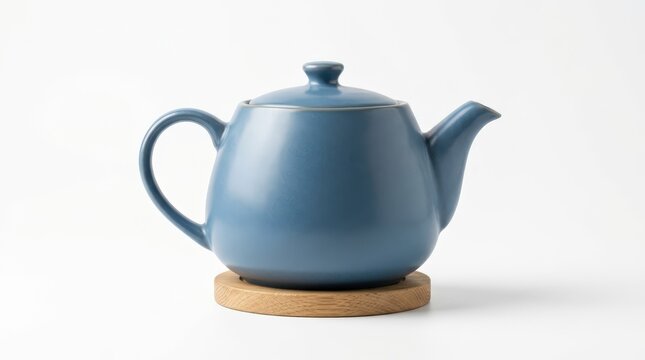 Minimalist blue ceramic teapot on wooden coaster, modern porcelain tea pot for kitchen decor, elegant stoneware kettle on white background