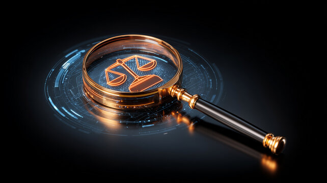 A magnifying glass focused on scales of justice representing legal research regulatory compliance and digital law investigation
