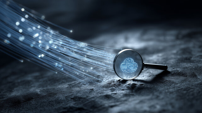 A magnifying glass examining a cloud icon beside flowing data streams representing cloud computing research and digital information analysis
