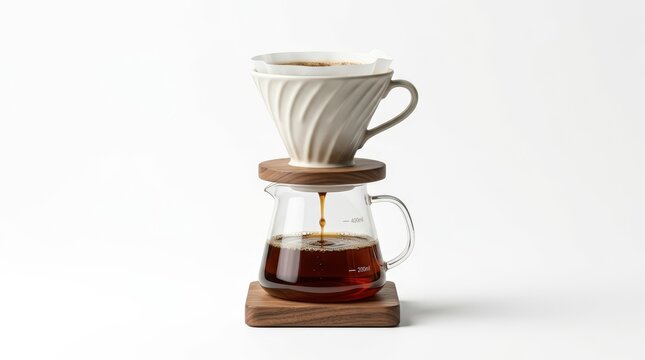 Minimalist ceramic pour over coffee dripper, glass carafe with wooden base, manual specialty coffee brewing equipment on white background