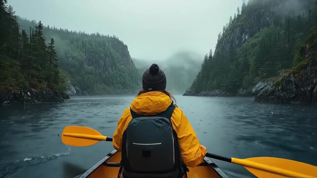 Young woman in yellow jacket canoeing through misty forest river in foggy landscape