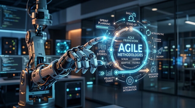 Robotic arm interacting with agile methodology interface.